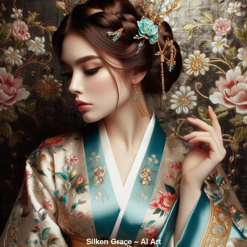 Digital Art Porträt einer Frau in traditionellem Seidengewand, mit Blumenmuster, Haarschmuck und asiatischem Stil.