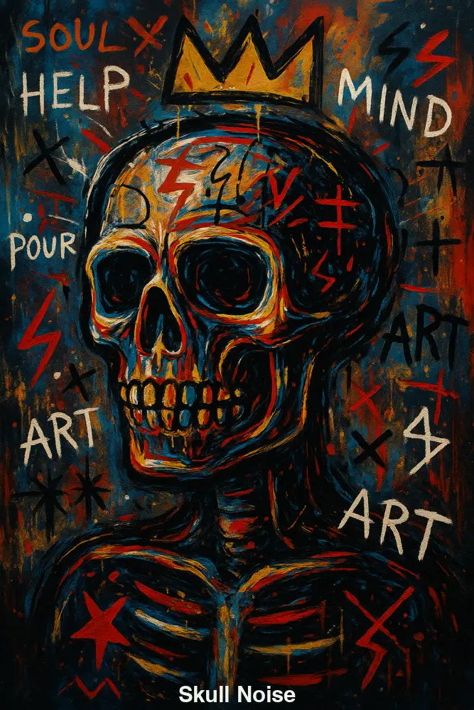 Bunter Schädel mit Schriftzügen – expressive AI Art im urbanen Street-Art-Stil