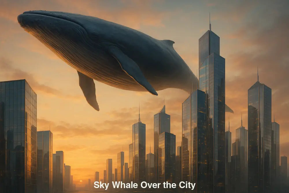 Fliegender Wal über futuristischer Stadt bei Sonnenuntergang – surreale KI-Kunst mit Natur und Architektur