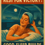 Retro-Poster mit schlafender Frau, Vollmond und Botschaft „Rest for Victory“ im Vintage-Stil.