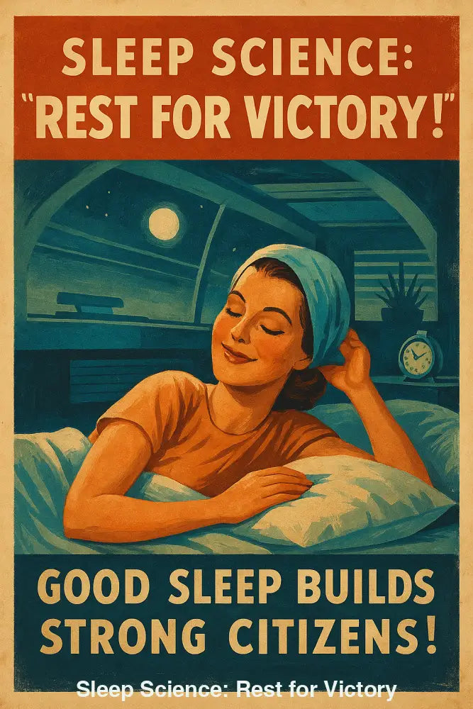 Retro-Poster mit schlafender Frau, Vollmond und Botschaft „Rest for Victory“ im Vintage-Stil.