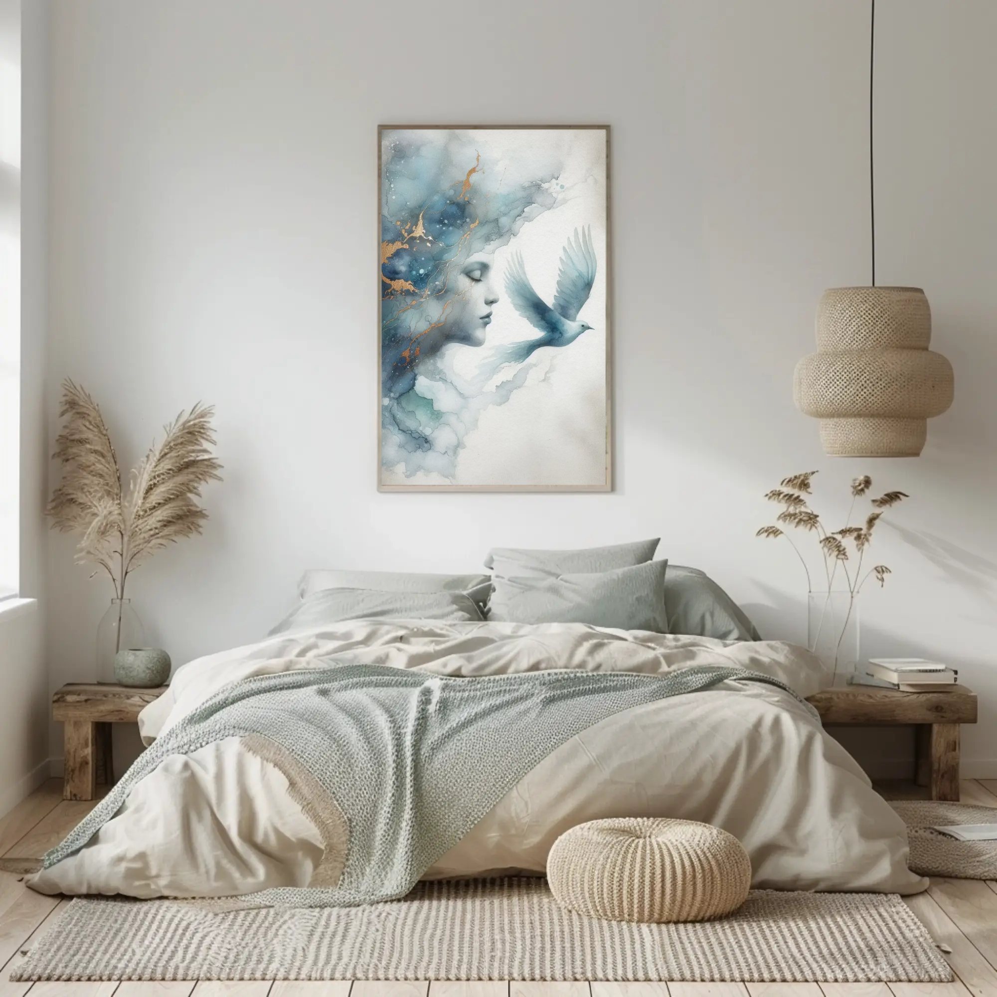 Soft Wings Fine Art Print mit weiblichem Profil und schwebenden Vögeln in sanften Blau- und Weißtönen über moderner Einrichtung.