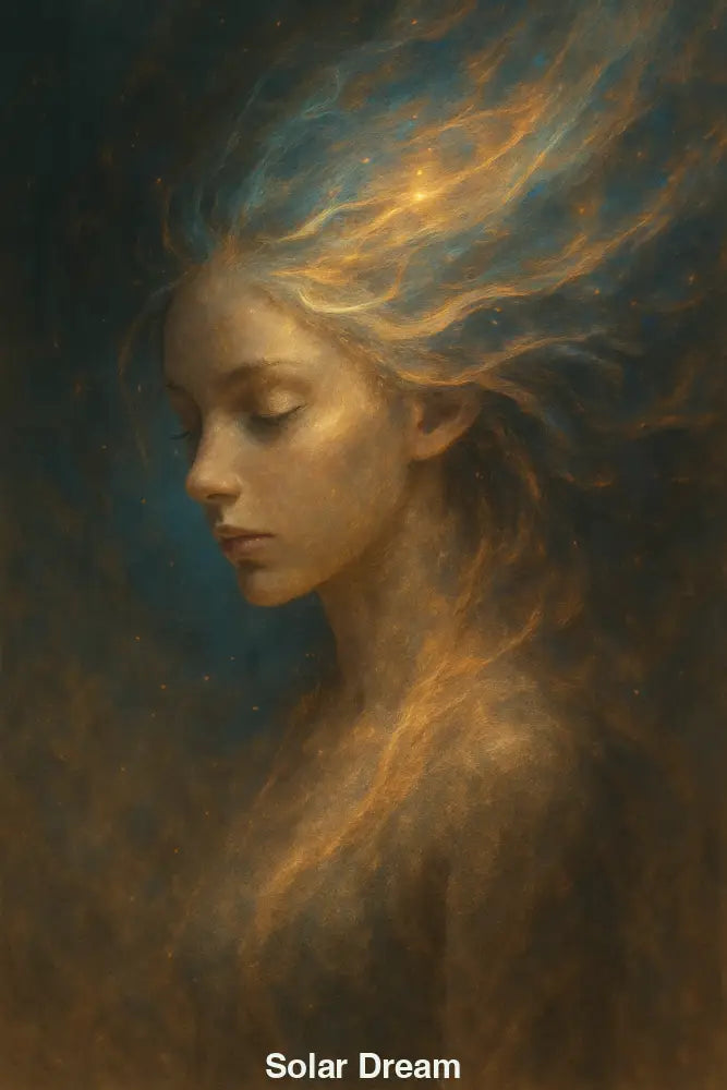 AI Porträt einer Frau mit goldenem Licht im Haar – ruhige, verträumte Komposition mit kosmischer Wirkung