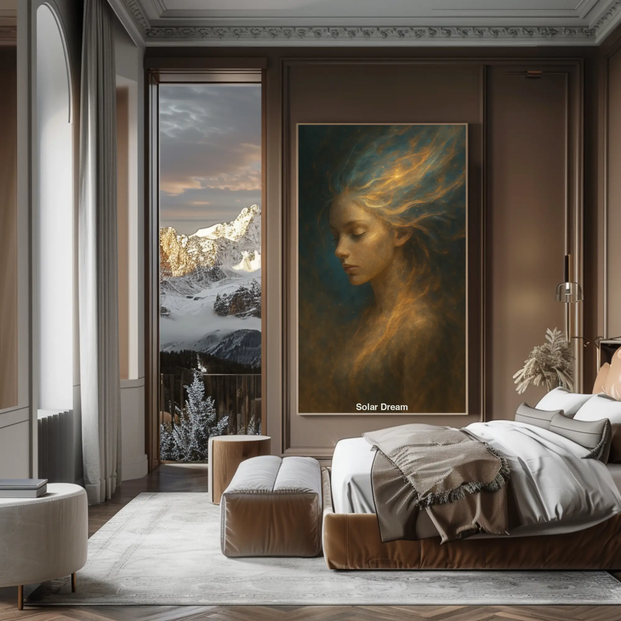 Mockup des Werks „Solar Dream“ – Porträt einer Frau mit strahlendem Haar in digitaler AI Art mit spiritueller Tiefe