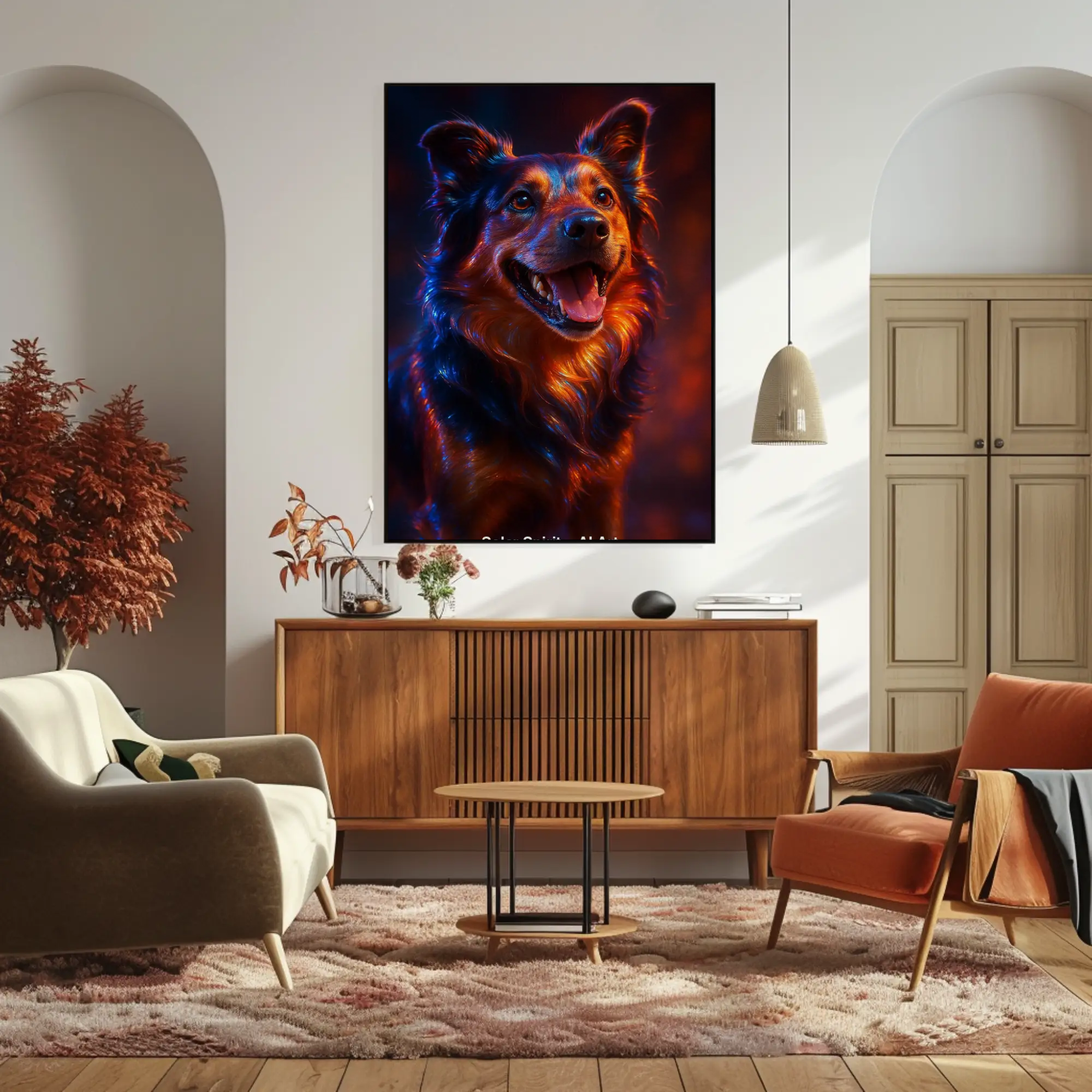 Mockup von Solar Spirit – AI Art, farbenprächtiger Hund mit leuchtendem Fell in warmem, strahlendem Licht.