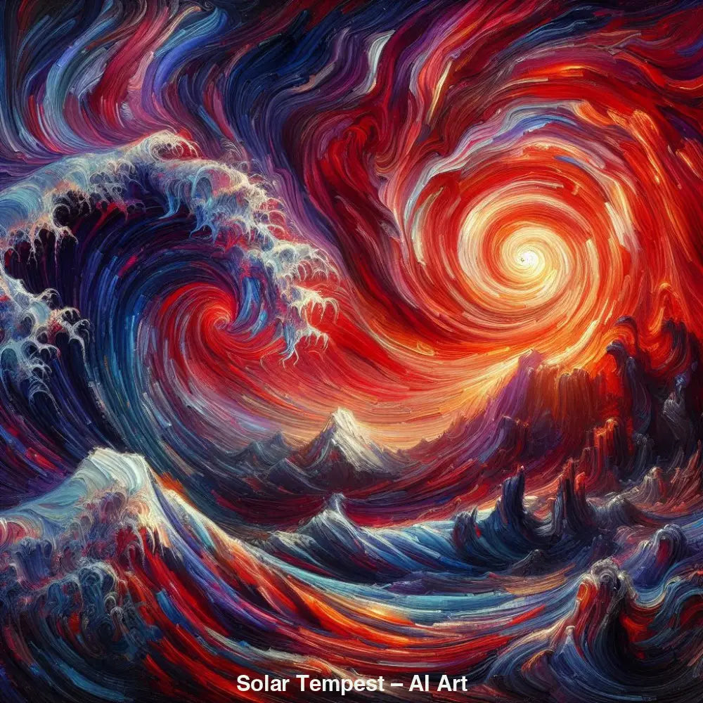 Solar Tempest – AI Art, abstraktes Farbspiel aus Feuer und Wellen in leuchtenden Rot-, Blau- und Orangetönen.