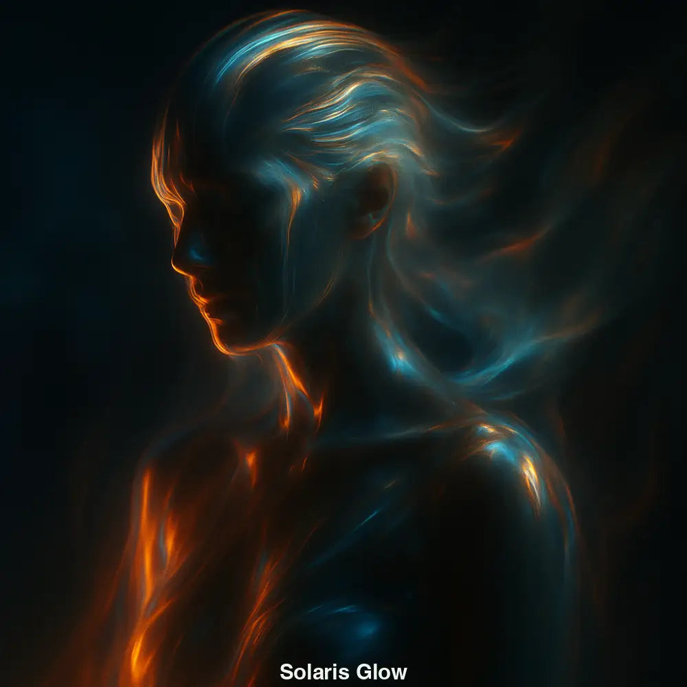 Leuchtende Silhouette mit orange-blauen Lichtadern auf dunklem Hintergrund