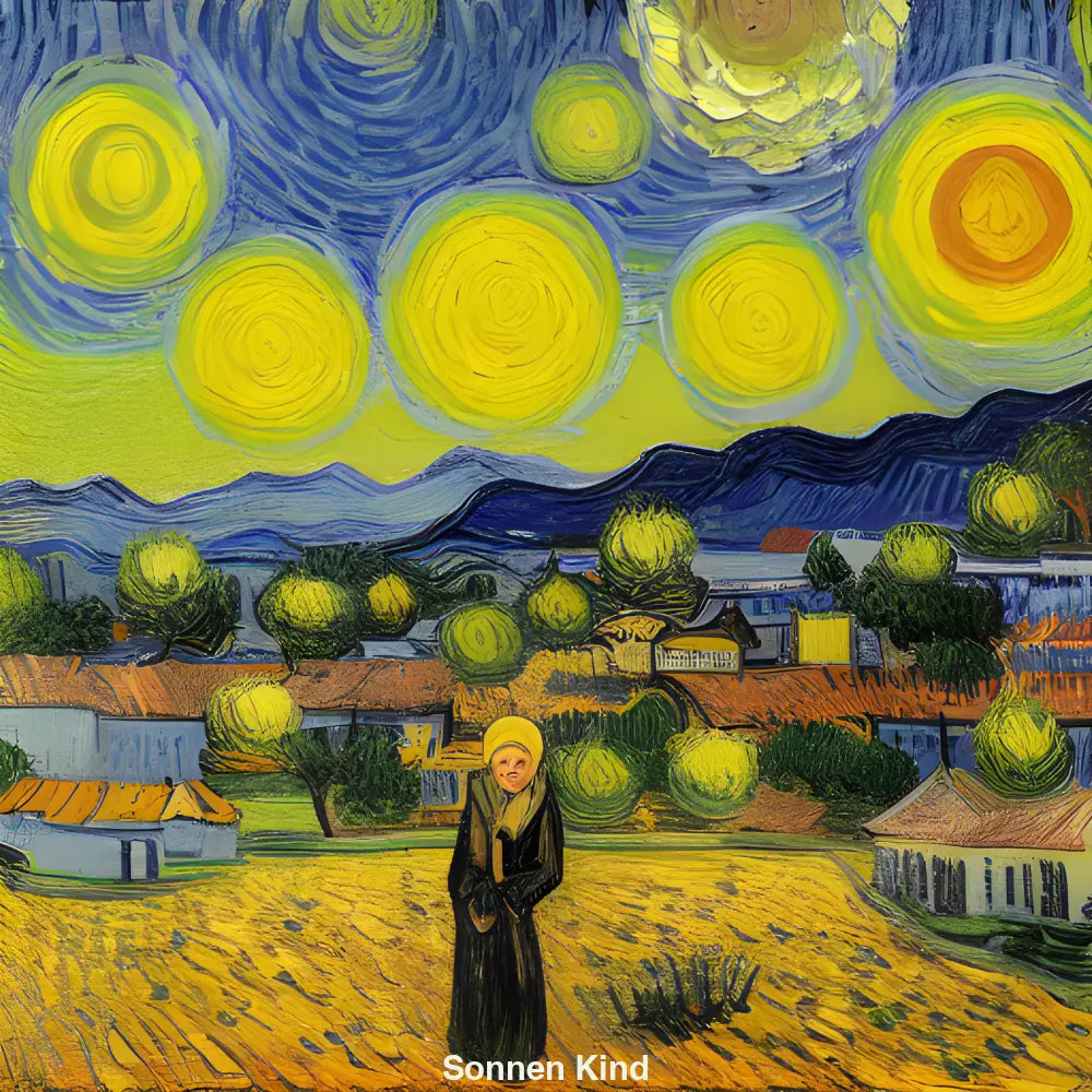 Ein Kind in schwarzer Kleidung und gelbem Turban steht in einem leuchtend gelben Feld vor einem Dorf, im Stil von Van Gogh