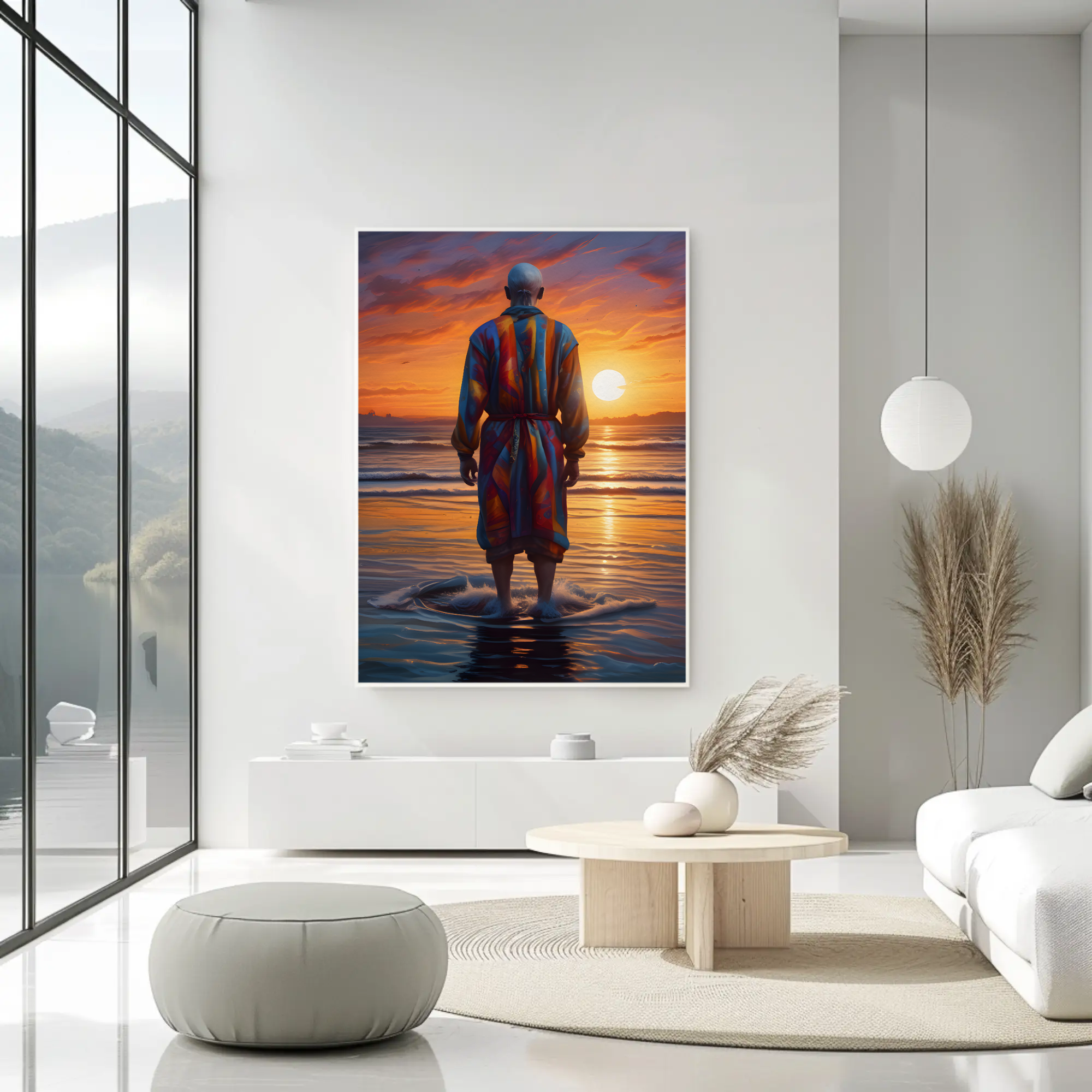 Fine Art Print mit Person am Wasser bei Sonnenuntergang in stilvoll eingerichteter Wohnumgebung.