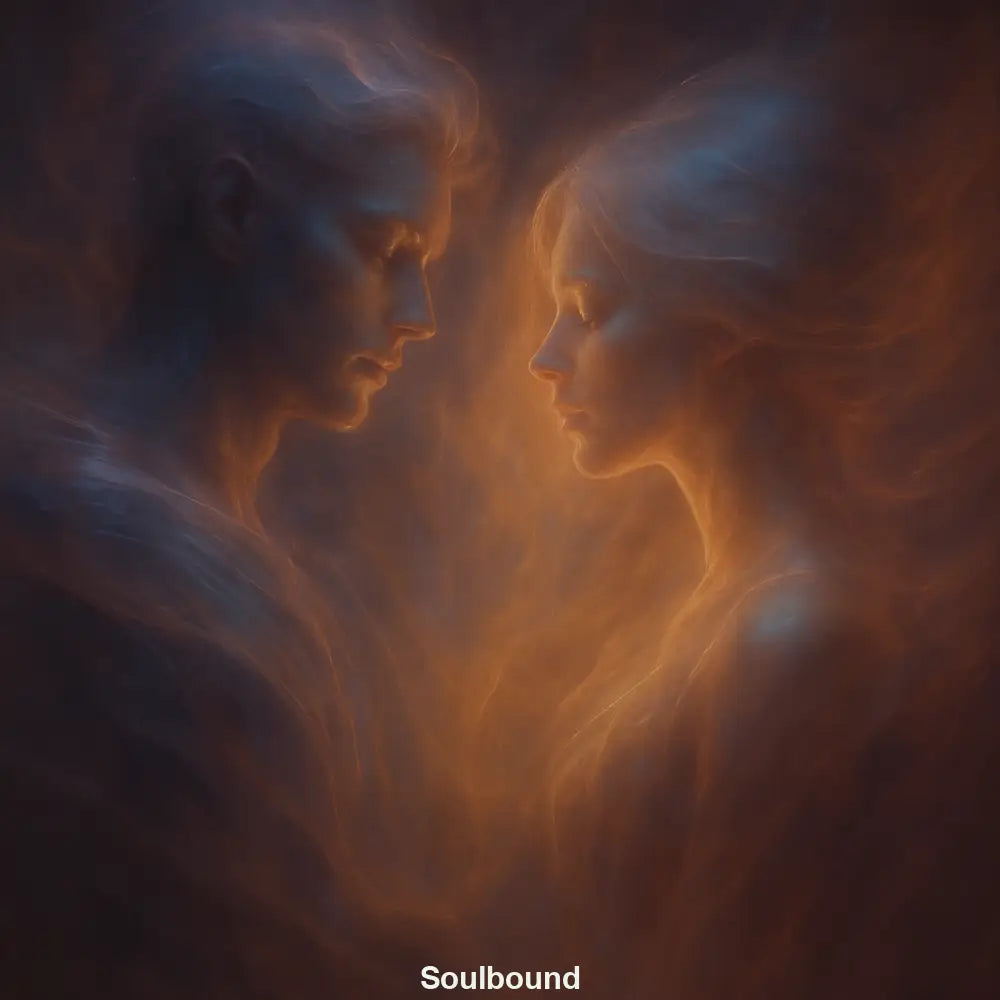 Zwei leuchtende Figuren in einem intensiven Moment – digitale AI Art über Seelenverbindung und Licht