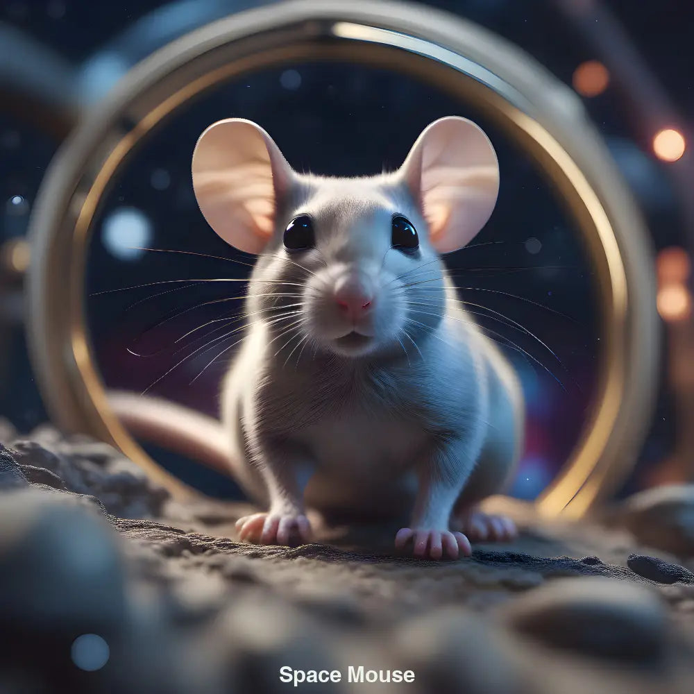 Eine weiße Maus mit großen schwarzen Augen sitzt auf einer felsigen Oberfläche im Vordergrund, eingerahmt von einem Ring