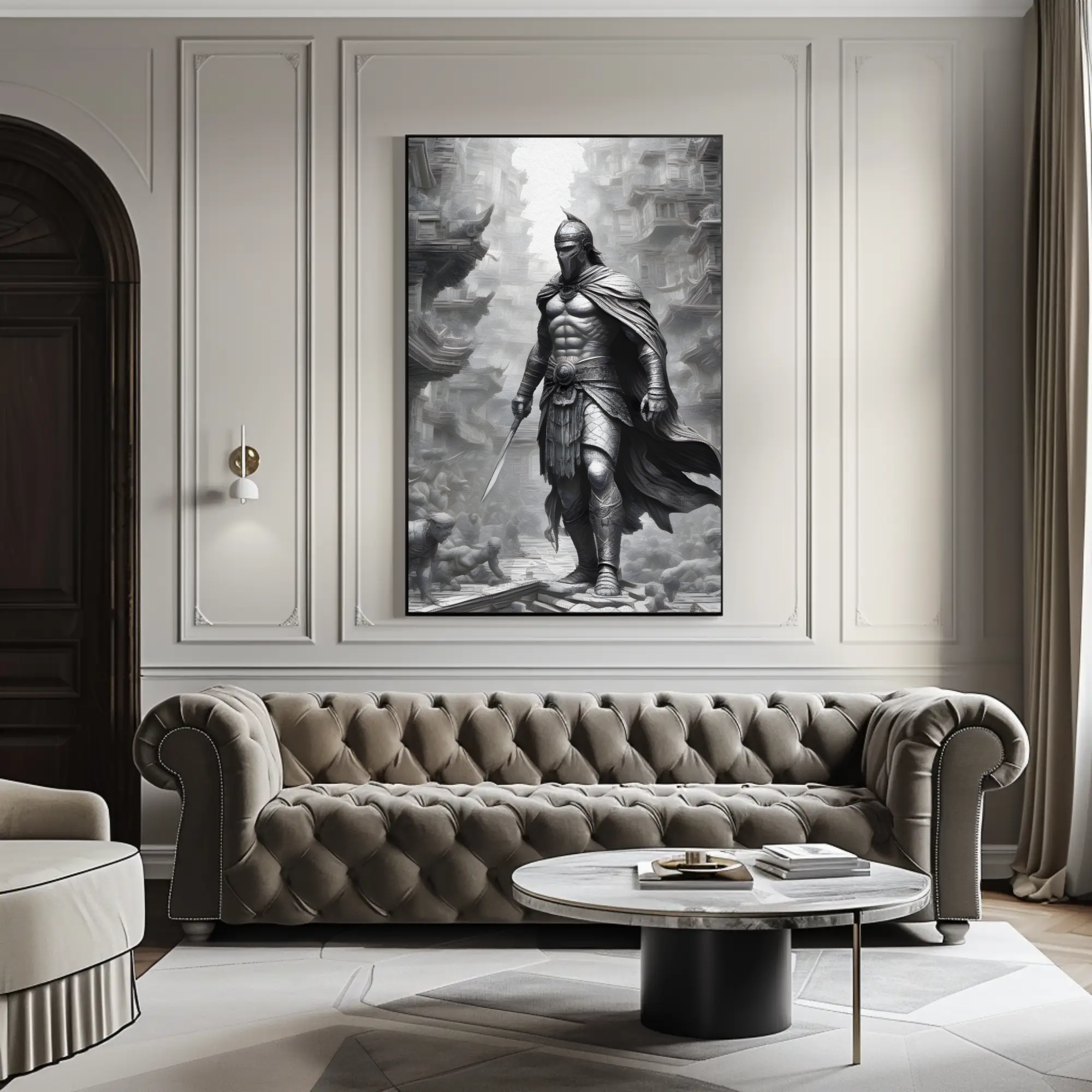 Schwarzweißes Fine Art Print mit antikem Krieger in dramatischer Landschaft über moderner Wohnzimmereinrichtung.