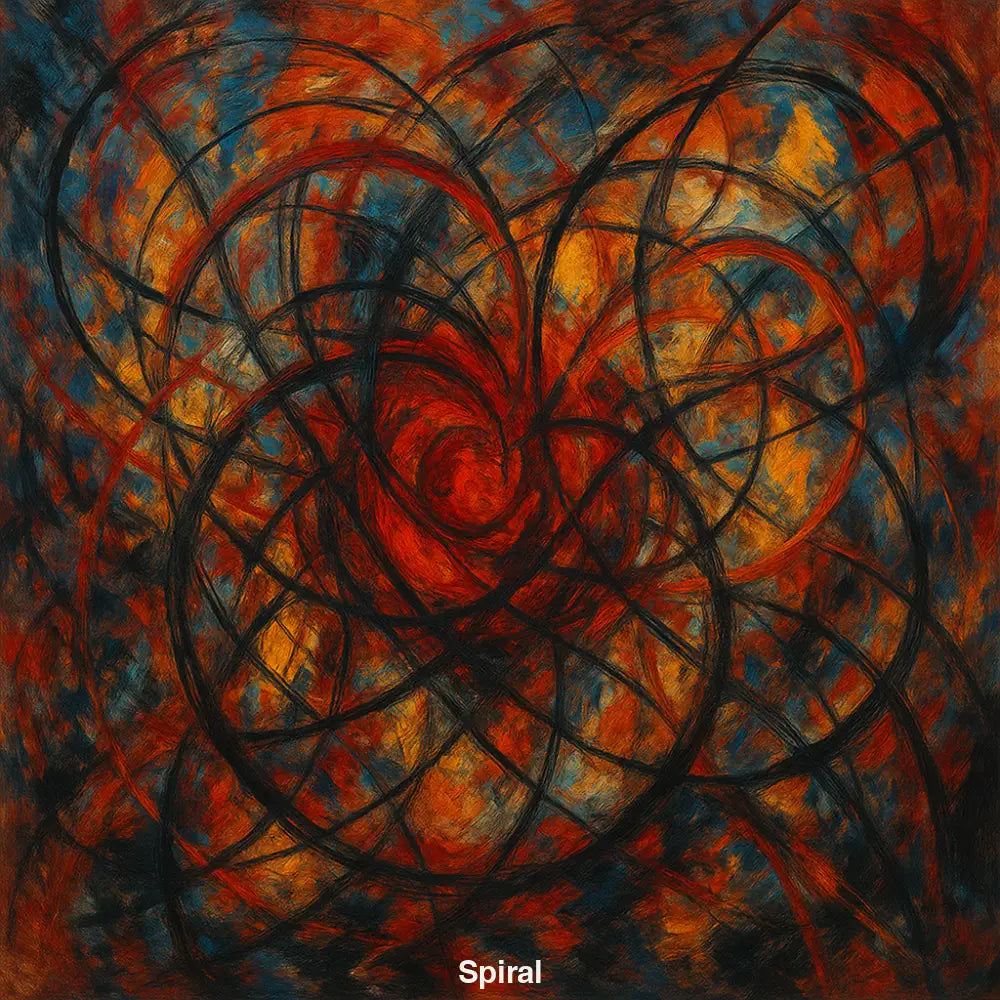 Abstrakte Malerei mit einem rot glühenden Zentrum in Form einer Spirale, umgeben von wirbelnden schwarzen Linien