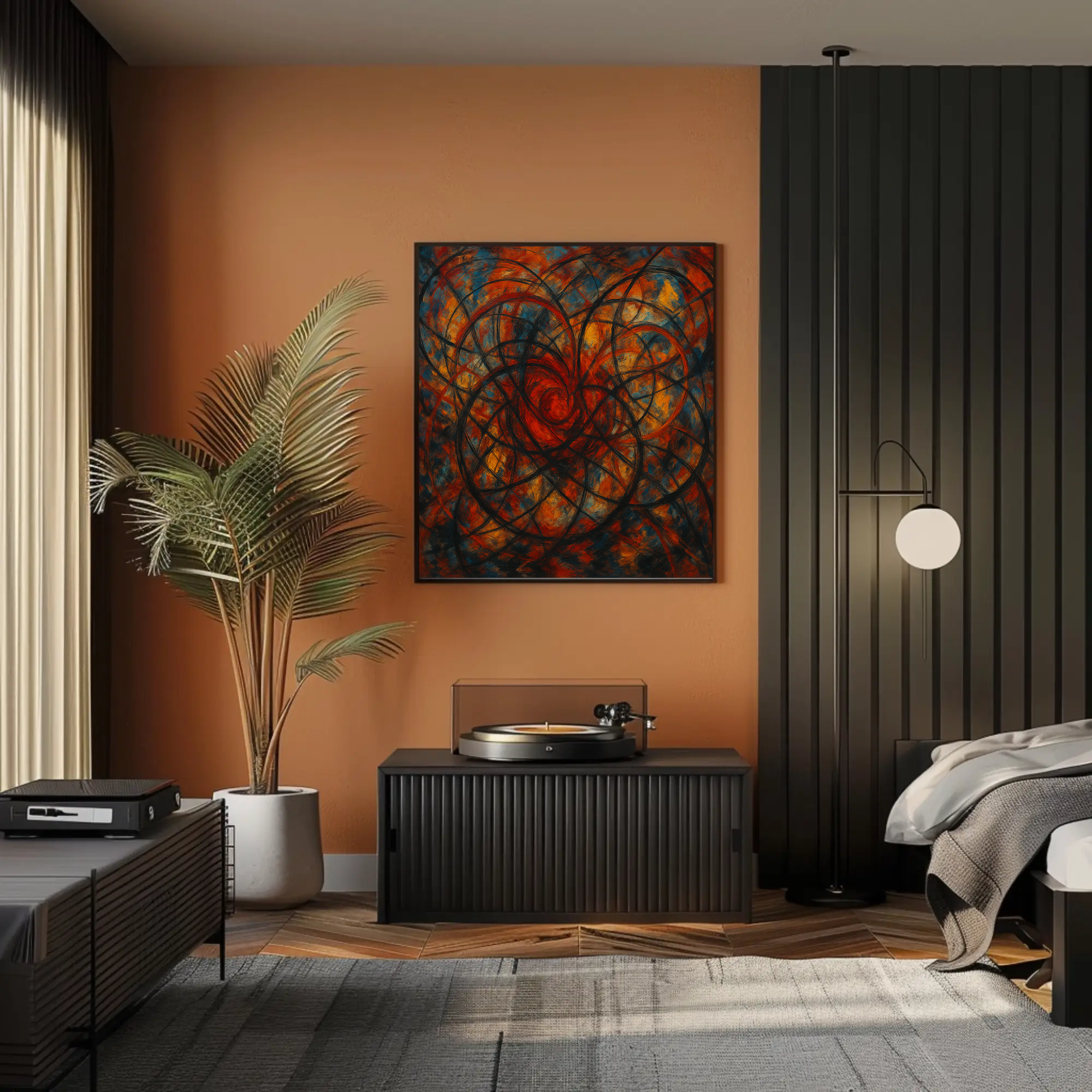 Abstrakter Spiral Fine Art Print über einem Sideboard in einem modern eingerichteten Wohnraum mit warmer Beleuchtung.