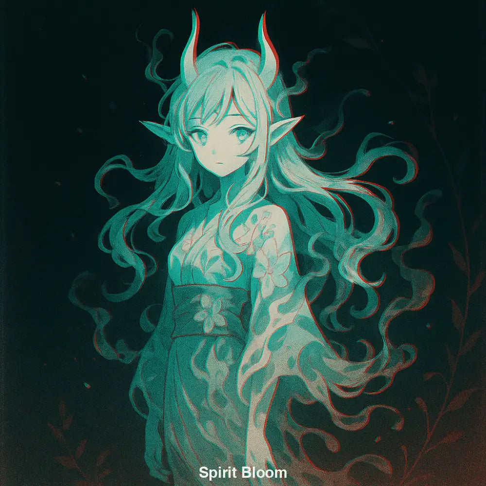 Anime-Dämonin mit Hörnern, floralem Kimono und magischen Rauchlinien vor dunklem Hintergrund