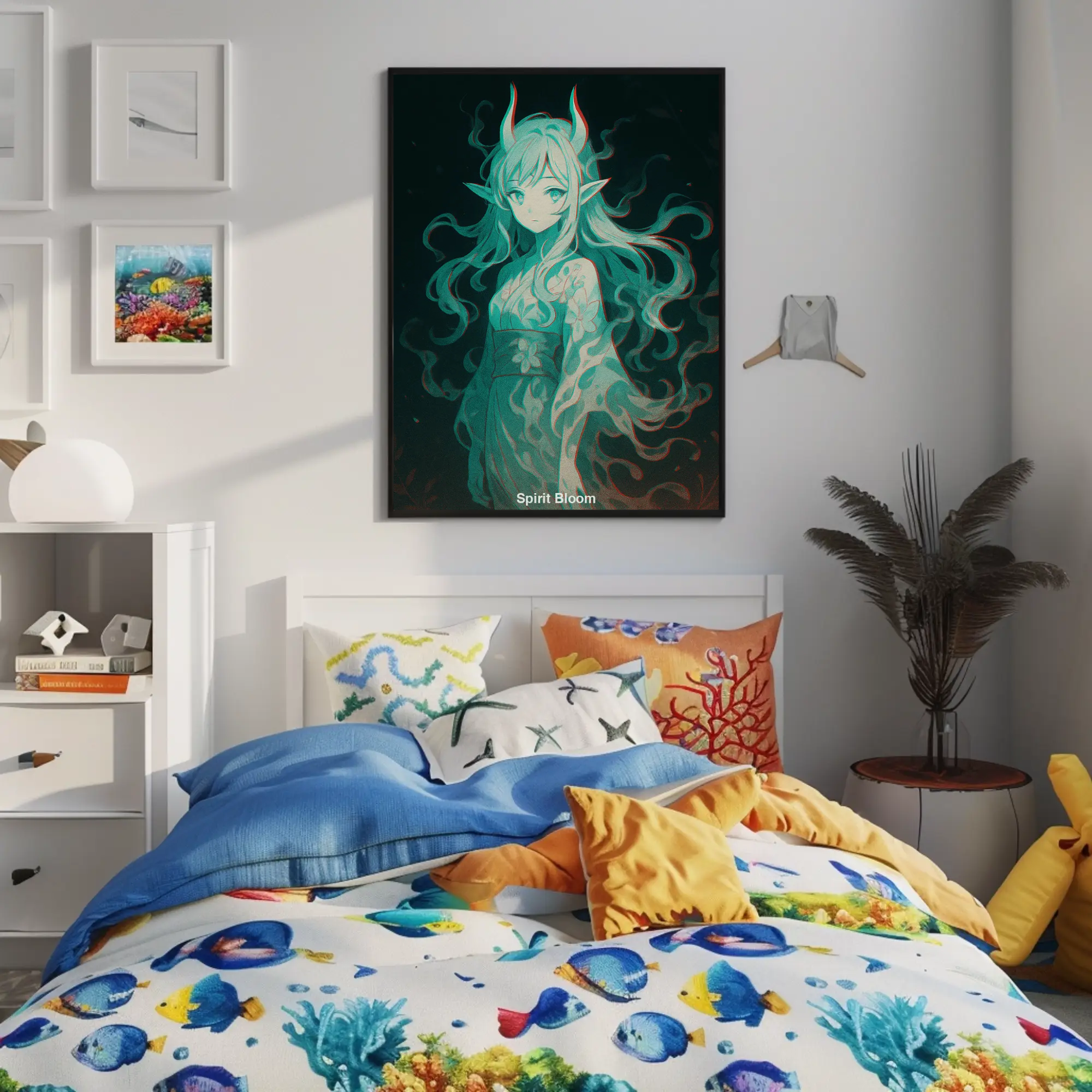 Spirit Bloom Fine Art Print über einer Kommode neben einem Bett mit farbenfroher Bettwäsche und dekorativen Wohnaccessoires.