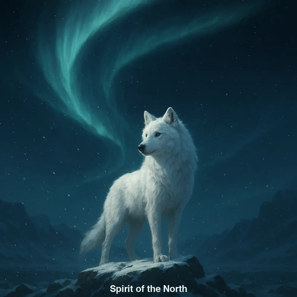 Weißer Wolf vor Polarlichtern in verschneiter Gebirgslandschaft – mystisch-ruhiges KI-Kunstwerk mit Symbolkraft.