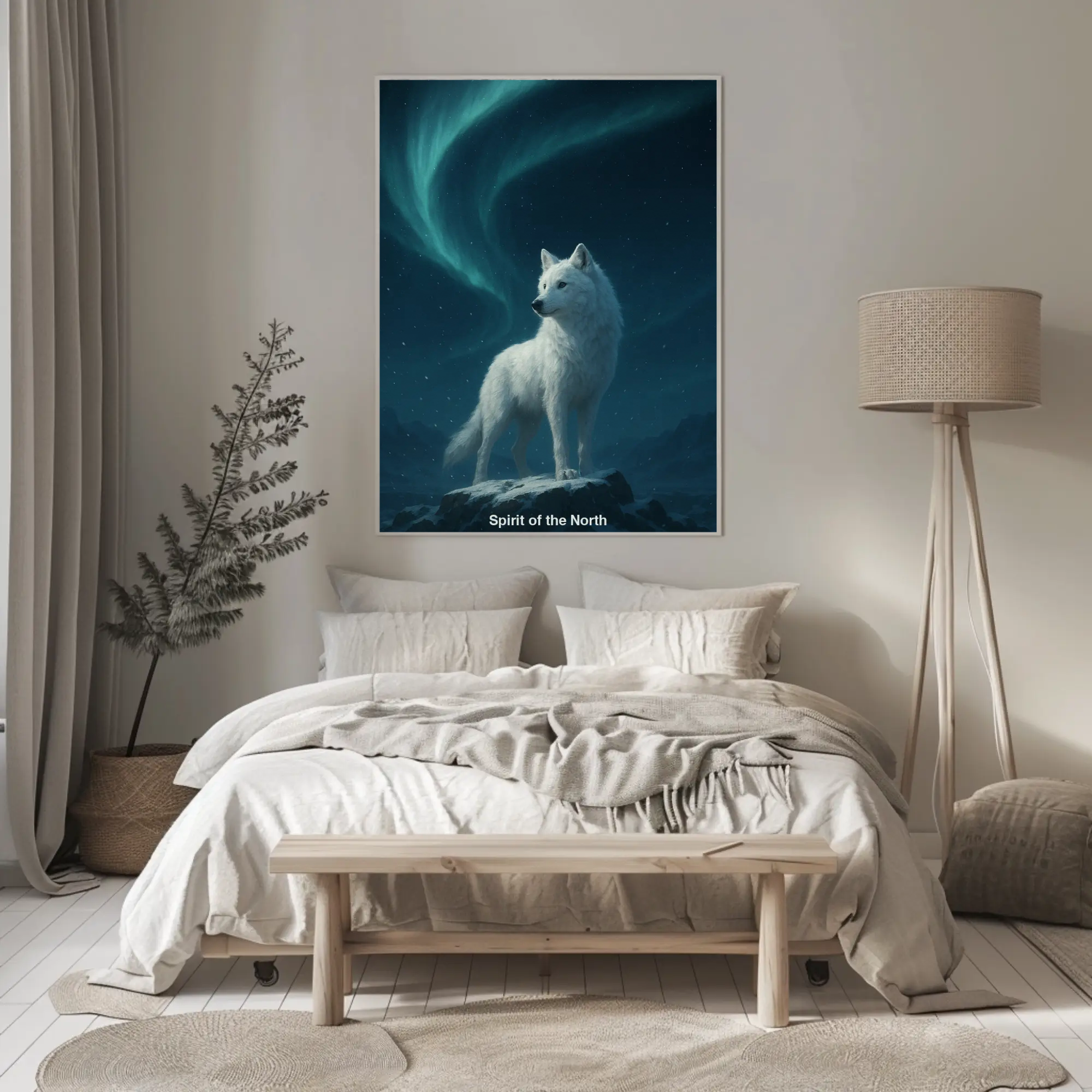 Spirit of the North Fine Art Print über einem Bett in einem hell eingerichteten Schlafzimmer mit natürlichen Farbtönen.