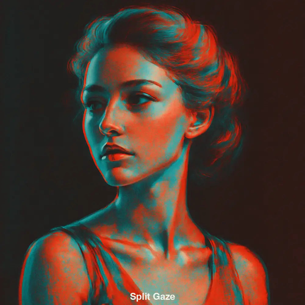 Frauenporträt mit klassischem Ausdruck und moderner 3D-Verzerrung in Cyan und Rot