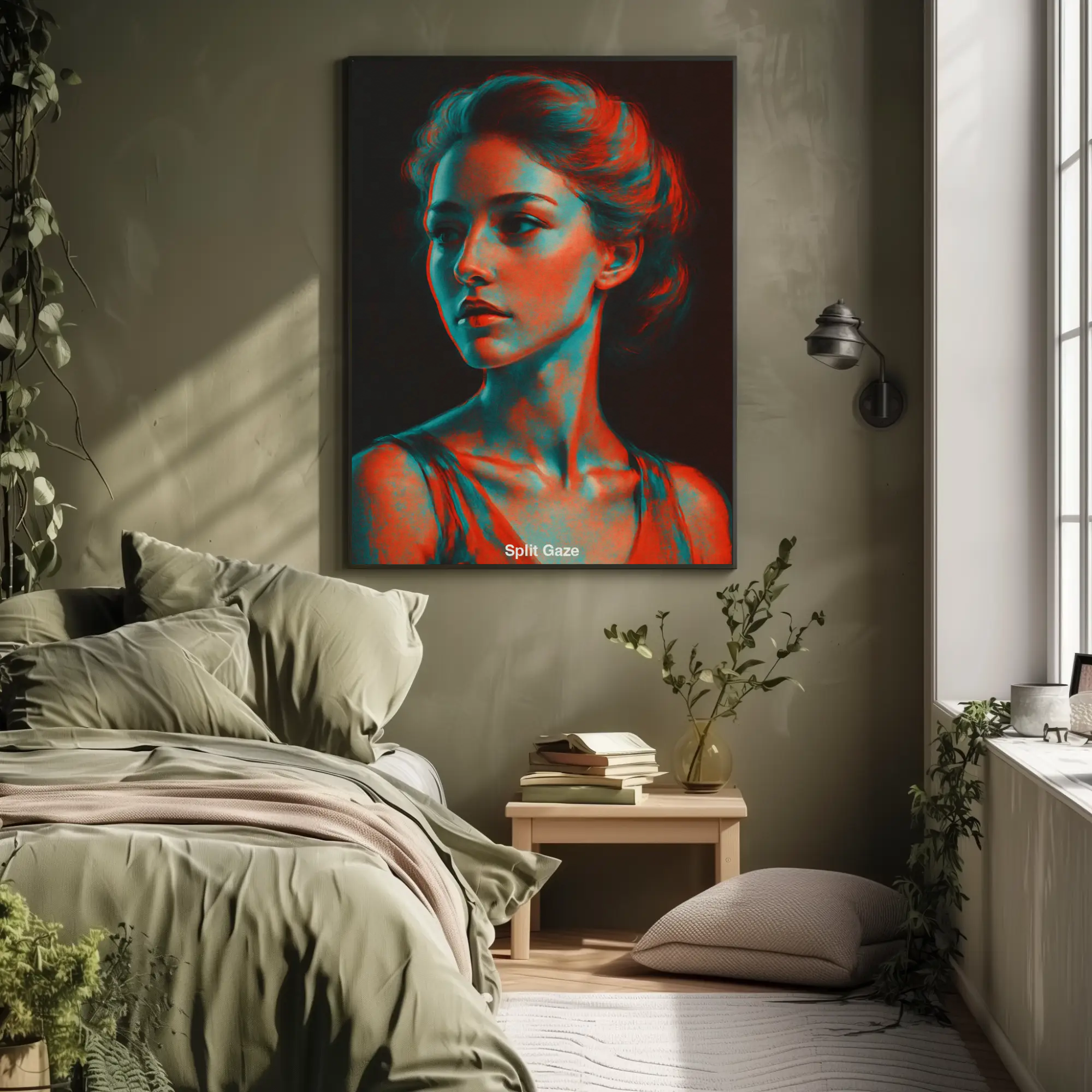 Modernes Split Gaze Fine Art Print über einer Kommode neben einem Bett in einem stilvoll eingerichteten Schlafzimmer.
