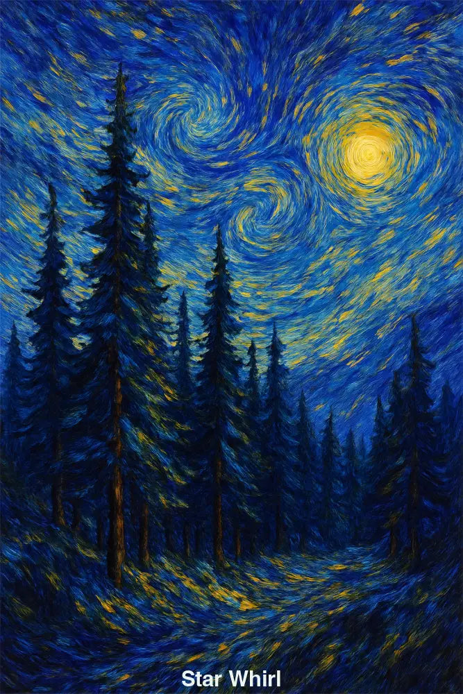AI Art im Van-Gogh-Stil: Sternenhimmel mit Wirbeln über Tannenwald – digital gemalt