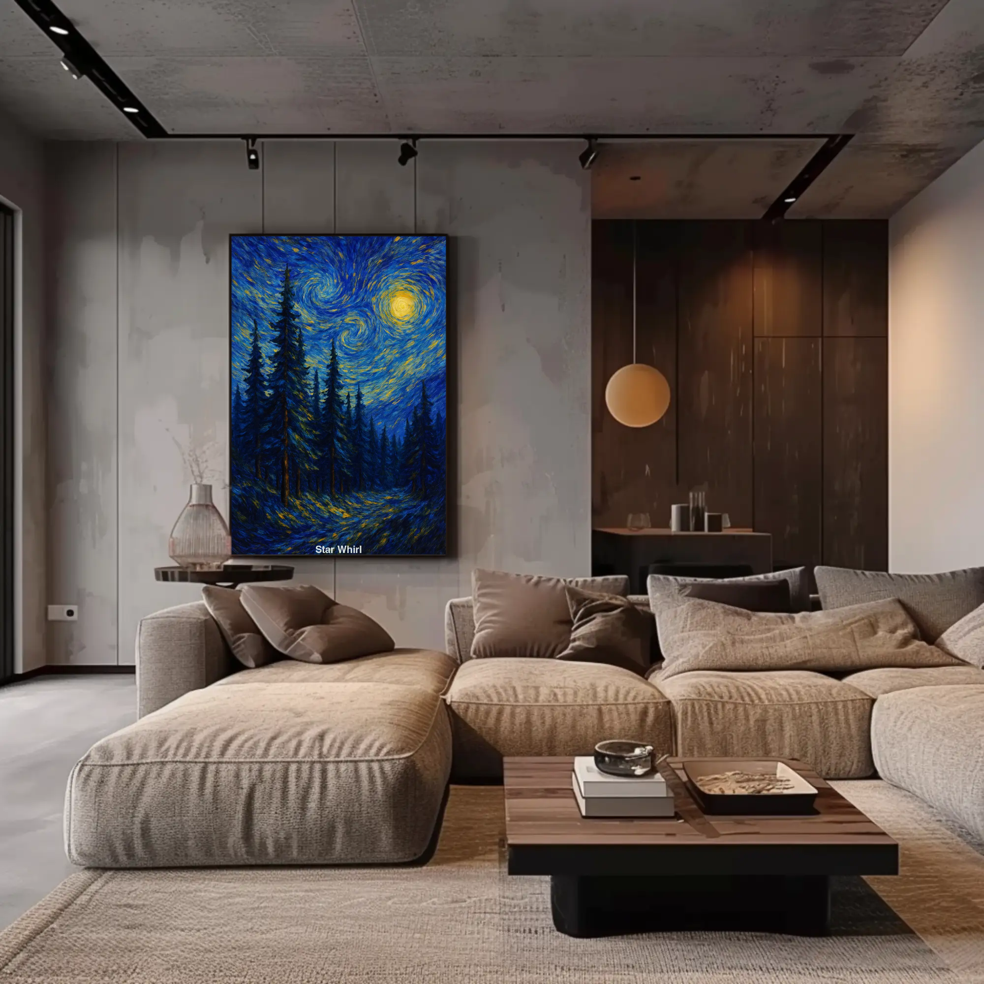 Mockup des Kunstwerks „Star Whirl“ – ein digital gemalter Wald bei Nacht im Stil von Van Gogh