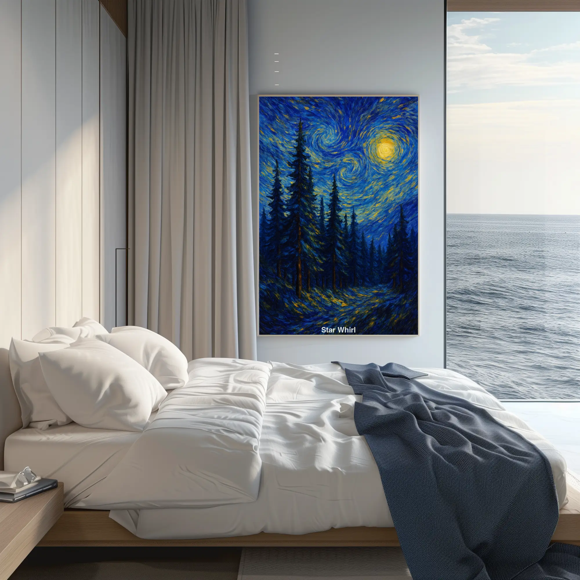 Star Whirl Fine Art Print über einem Bett in einem modern eingerichteten Schlafzimmer mit dunklen Textilien.