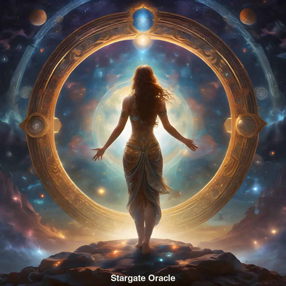 Eine mystische Frau in eleganter, goldverzierter Kleidung steht vor einem riesigen, leuchtenden Sternentor im Weltraum