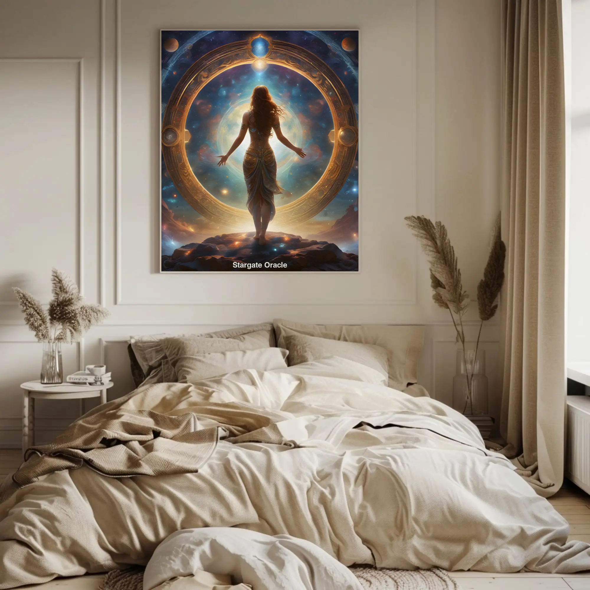 Stargate Oracle Fine Art Print mit leuchtendem Portalmotiv über einem Bett in einem hell eingerichteten Schlafzimmer.