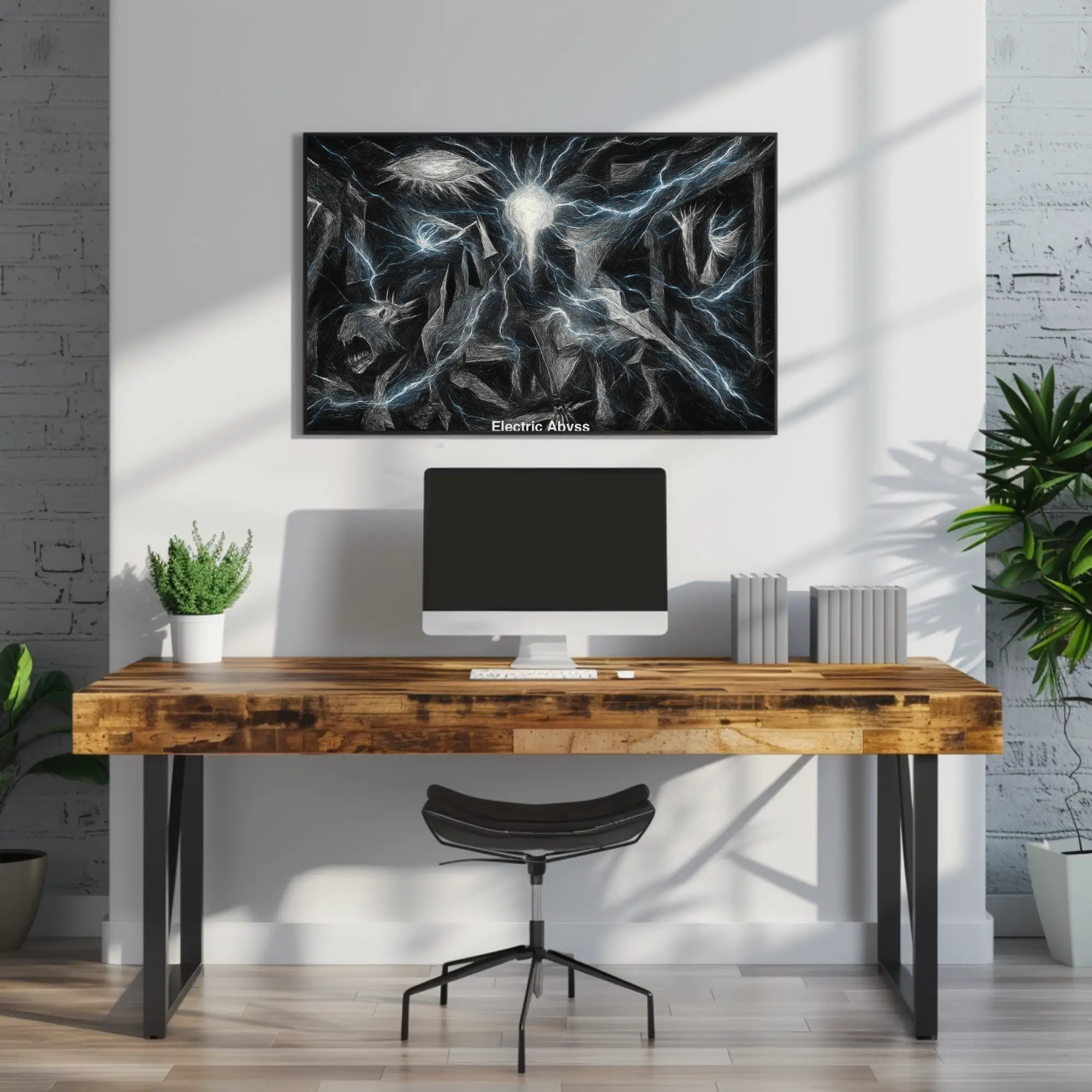 Abstraktes Kunstwerk mit Lichtstrukturen in moderner Einrichtung