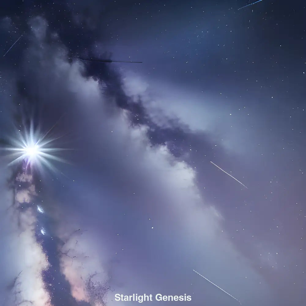 Ein heller Stern durchbricht kosmische Nebel in einer stillen Galaxie, umgeben von funkelnden Sternen und Lichtspuren 