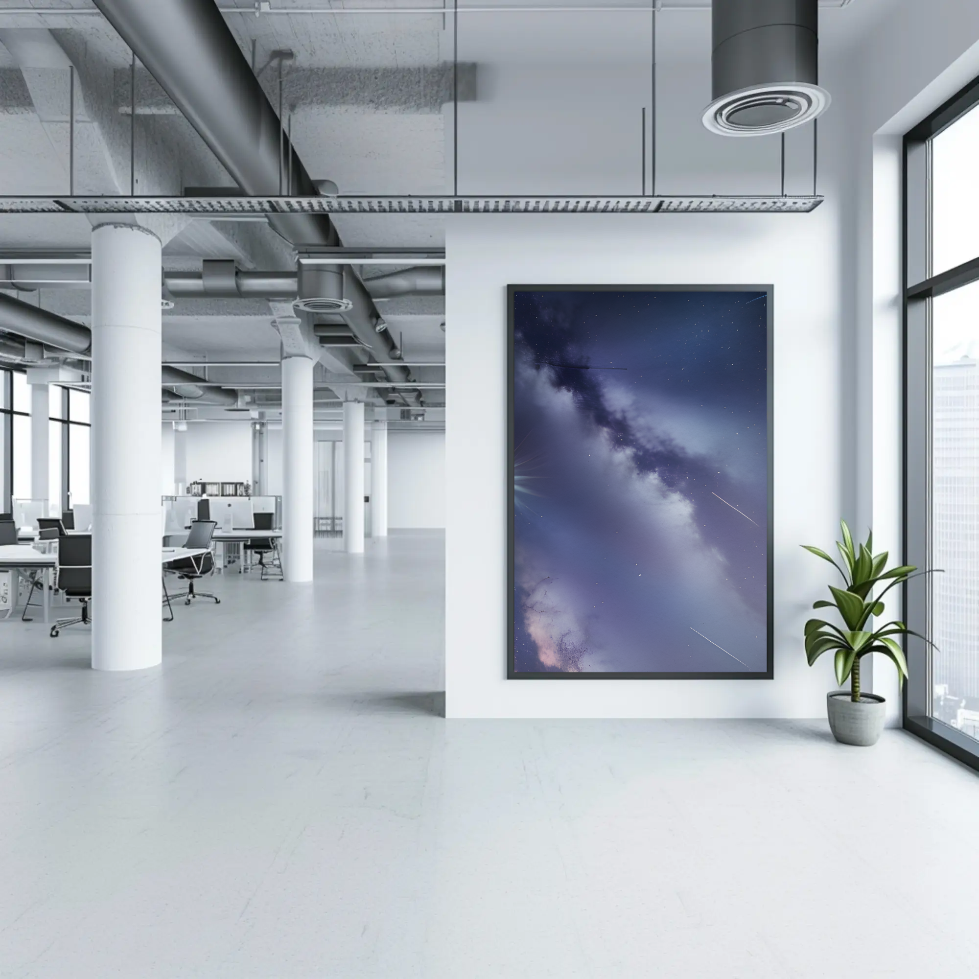 Starlight Genesis Fine Art Print mit galaktischem Motiv in einer modernen Galerie mit großen Fenstern und hellem Ambiente.
