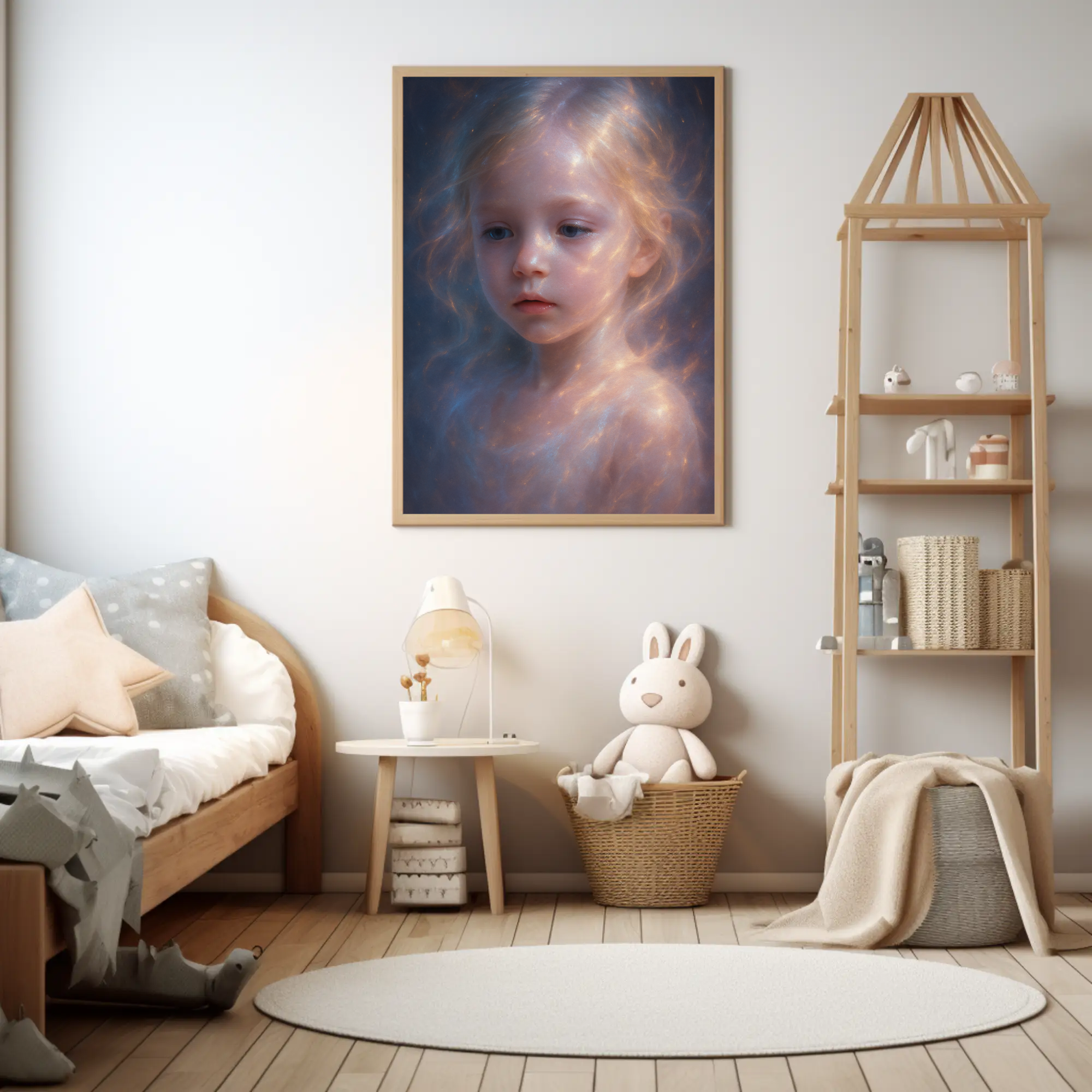 Starlit Child Fine Art Print mit verträumtem Kinderporträt über einer Kommode in einem hell eingerichteten Wohnraum.
