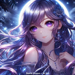 Starlit Dream – AI Art, leuchtendes Anime-Porträt mit violetten Augen und funkelndem Sternenhimmel.