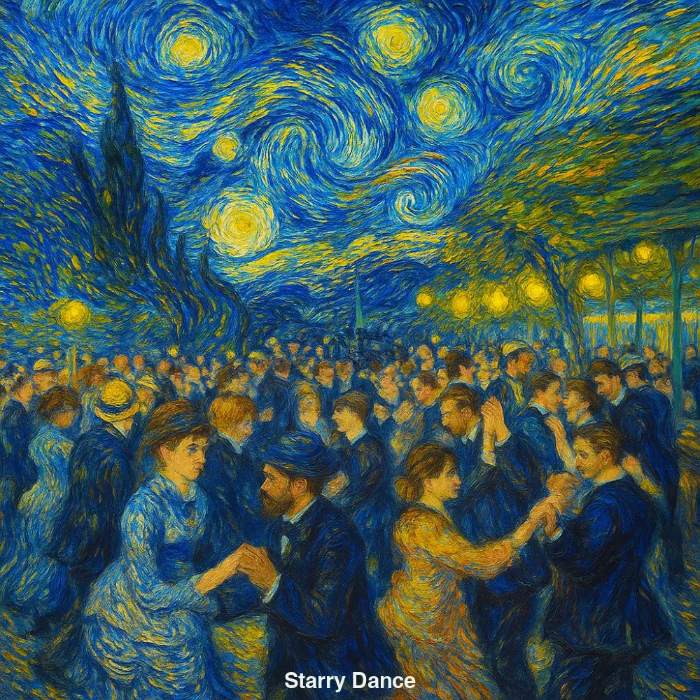 AI-Kunstwerk im Van-Gogh-Stil mit tanzenden Menschen – leuchtende Farben, Energie & Sternenhimmel