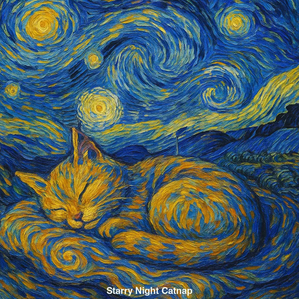 Schlafende orangefarbene Katze in stilisiertem, van-Gogh-inspiriertem Sternennacht-Hintergrund mit blauen und gelben Wirbeln
