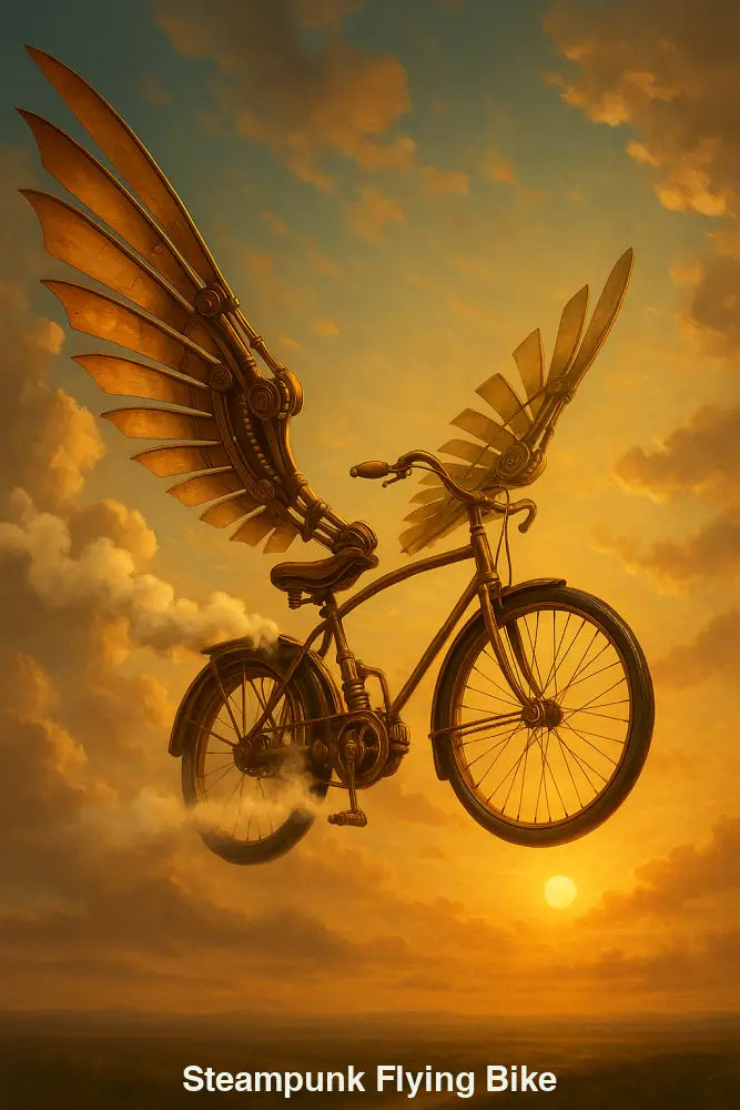 Antikes Steampunk-Flugfahrrad mit metallischen Flügeln vor stimmungsvoller KI-generierter Sonnenuntergangs-Illustration