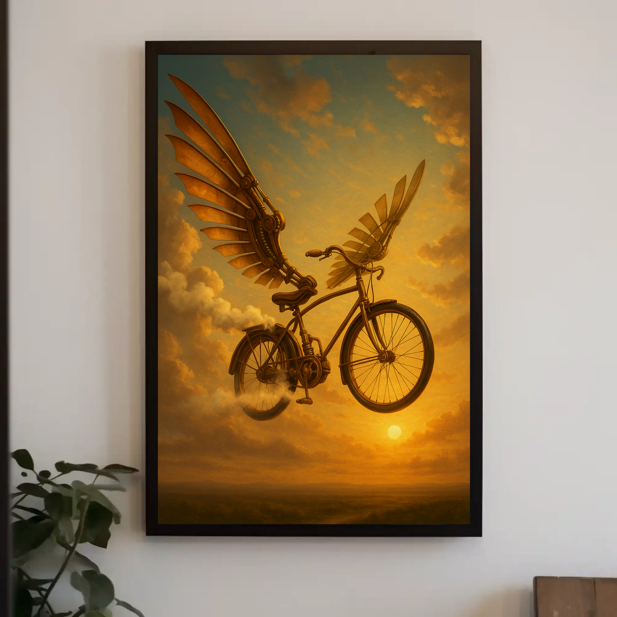 Steampunk Motiv mit geflügeltem Fahrrad als Fine Art Print auf einer Bilderleiste im Wohnraum.