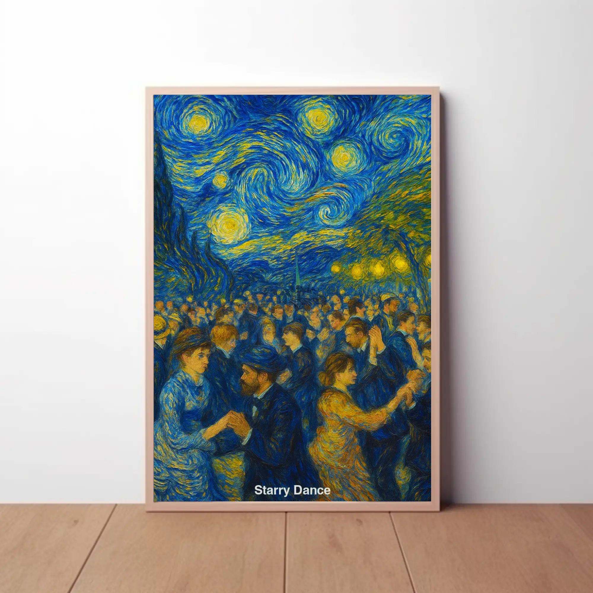 Leuchtendes Sternennacht Motiv als Fine Art Print über einer Holzkommode mit natürlicher Wohnraumdekoration.