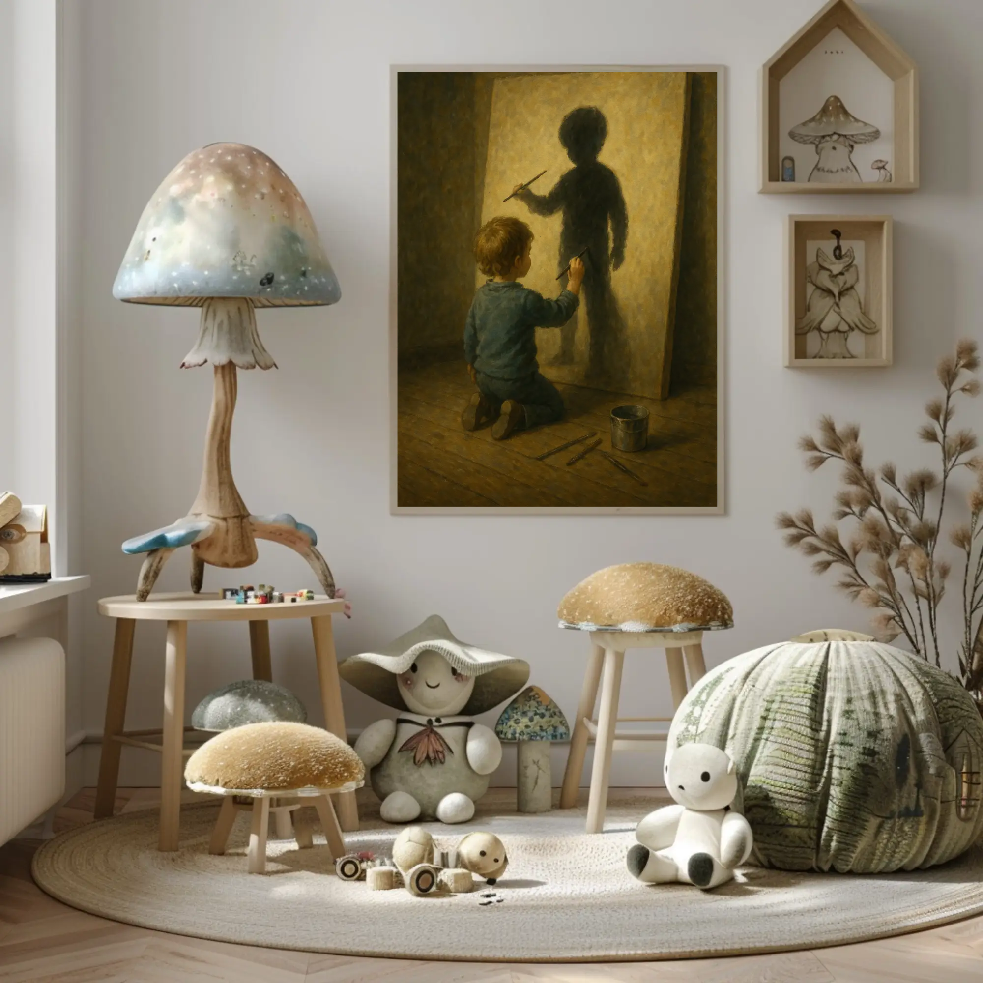 Ruhiges Kunstwerk mit Figur und Spiegelung in warmer Einrichtung