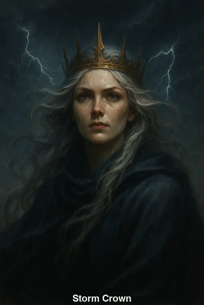 Porträt einer Königin mit goldener Krone im Gewitterregen – kraftvolles, symbolisches KI-Kunstwerk voller Stärke und Mythos.