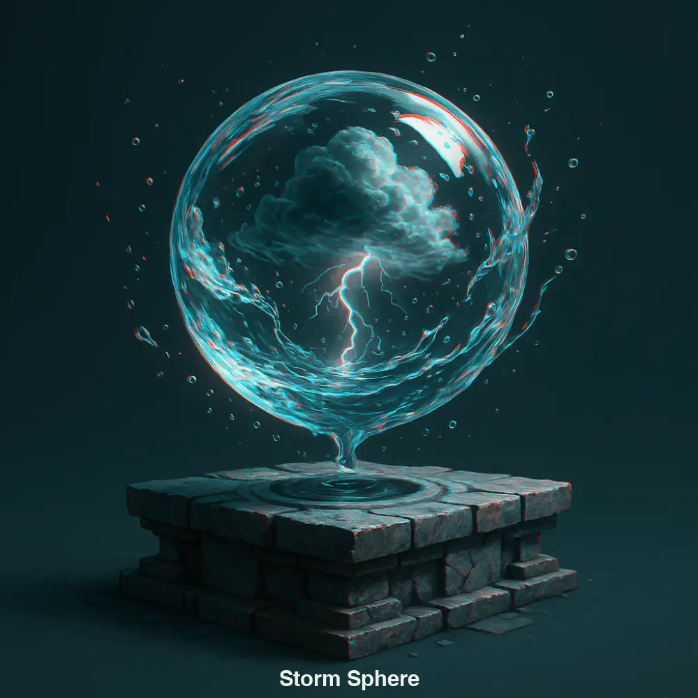 Wasserorb mit Gewitter und Blitzen auf steinernem Sockel in dunkler Fantasy-Optik