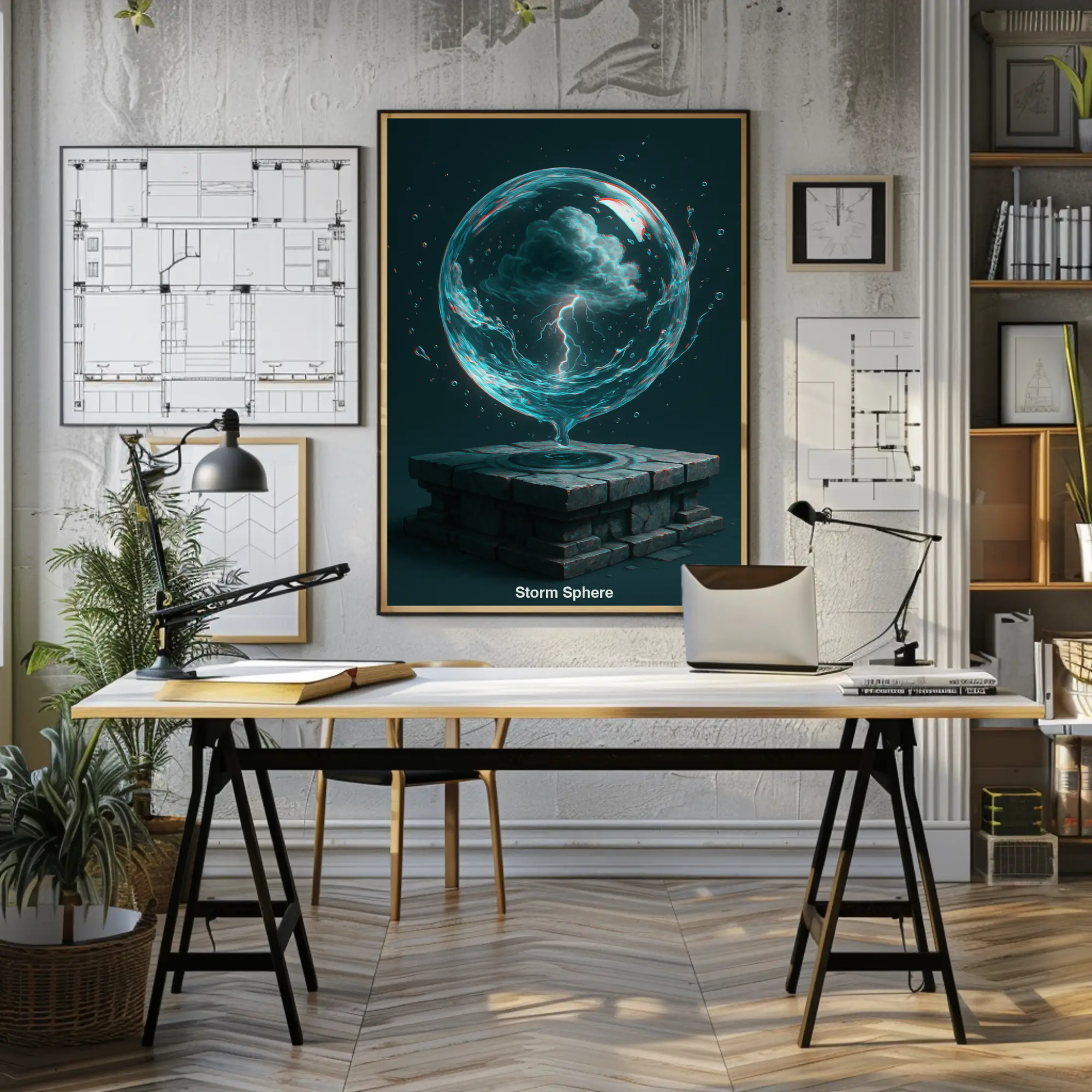 Mockup von „Storm Sphere“ mit Gewitterkugel und Blitzen auf Steinsockel als Wandbild