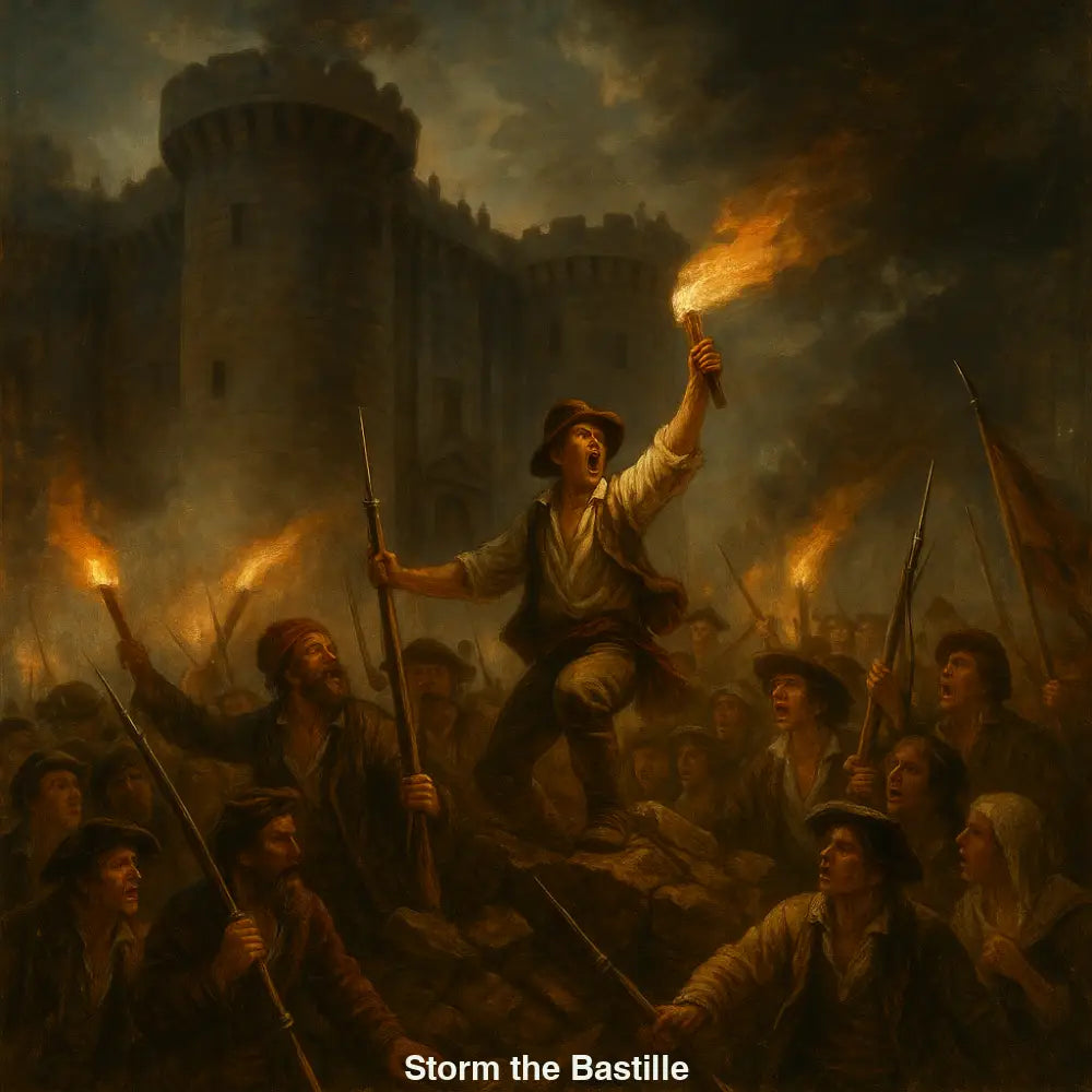 AI Art zeigt Sturm auf die Bastille mit wütender Menge, Fackeln und historischer Energie vor düsterer Burgkulisse