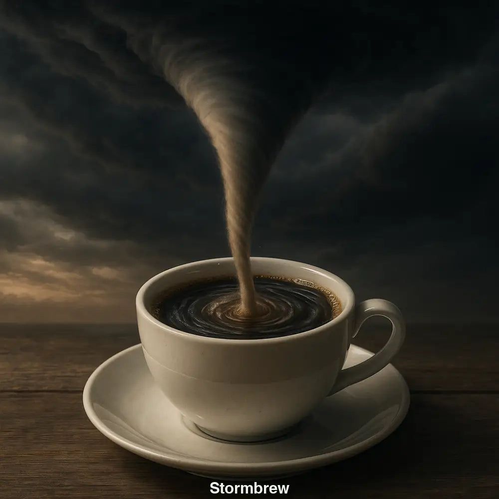 tornado steigt aus kaffeetasse in gewitterhimmel – surreale ki kunst