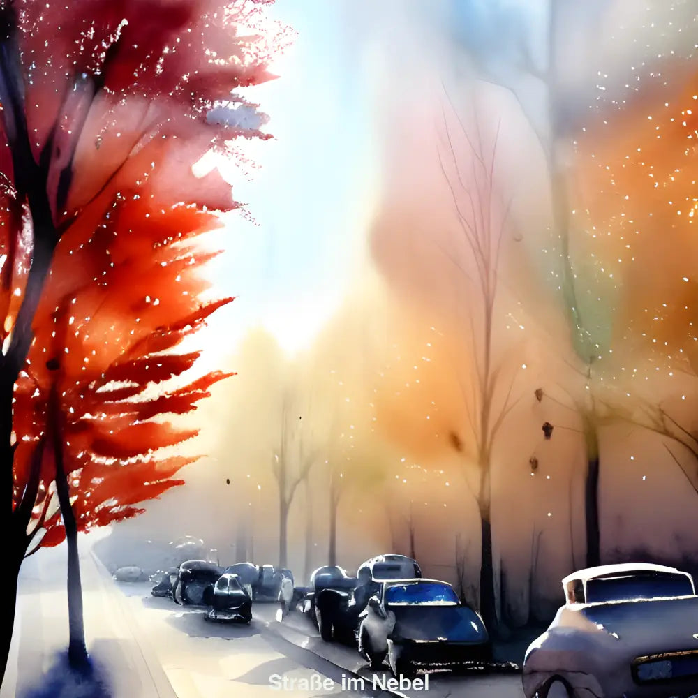 Herbstliche Straße im Nebel mit leuchtenden Bäumen, geparkten Autos und sanfter Aquarelloptik – ruhige, melancholische Stimmung