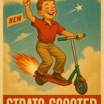 Retro-Werbeplakat mit fliegendem Jungen auf futuristischem Tretroller „Strato-Scooter“