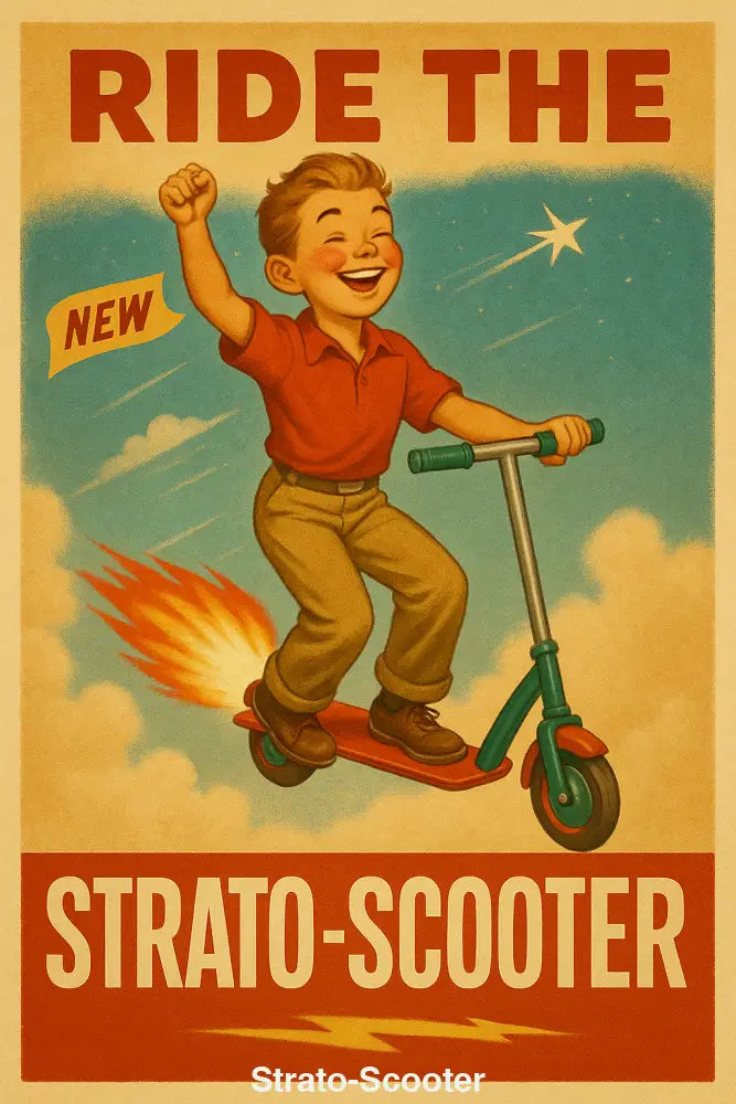 Retro-Werbeplakat mit fliegendem Jungen auf futuristischem Tretroller „Strato-Scooter“