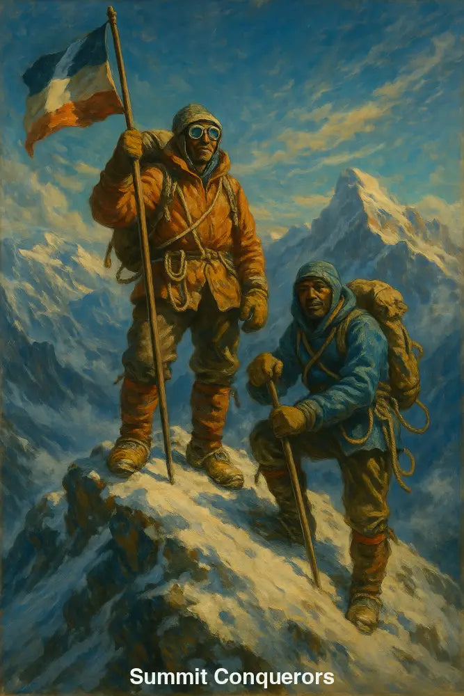 AI Kunstwerk mit zwei Bergsteigern auf schneebedecktem Gipfel – Flagge, Sonne, majestätische Berge