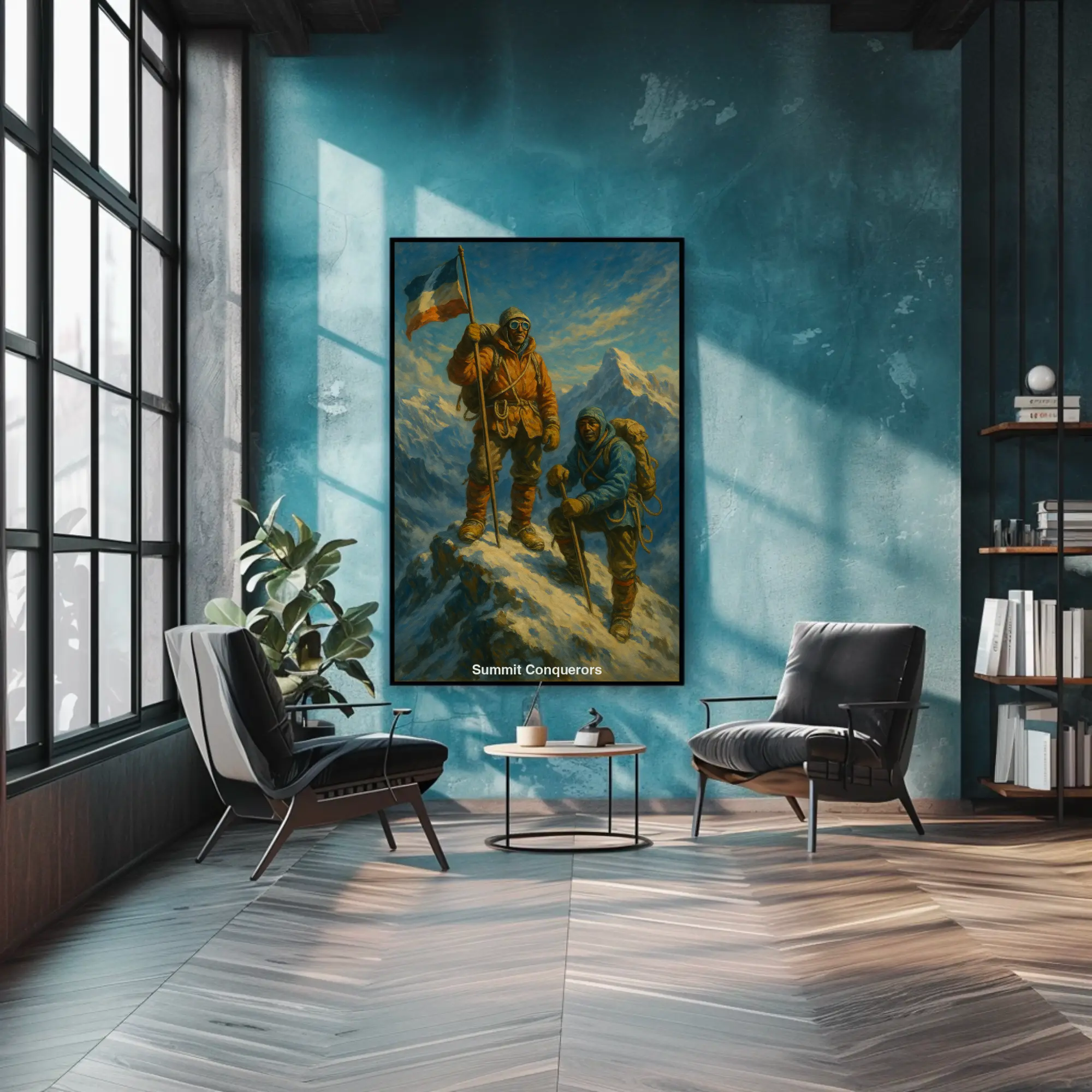AI Kunstwerk mit zwei Bergsteigern, die den Gipfel erreichen – Schnee, Flagge, epische Aussicht